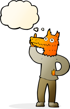 Bir insan tarafından çizilmiş düşünce balonlu tilki adam.