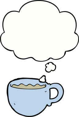 Bir insan tarafından çizilmiş düşünce baloncuklu kahve fincanı.