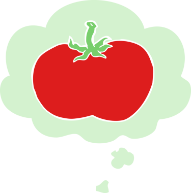 Düşünce baloncuklu karikatür domatesi insan tarafından çizilmiş.