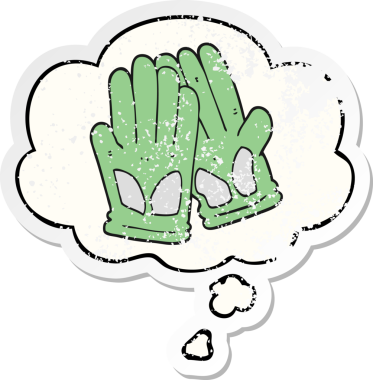 Düşünce baloncuğu olan karikatür bahçe eldivenleri insan tarafından çizilmiş yıpranmış bir çıkartma gibi.