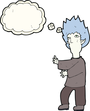 Bir insan tarafından çizilmiş düşünce balonlu vampir adam.