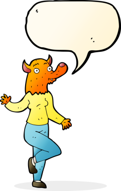 Bir insan tarafından çizilmiş konuşma balonuyla dans eden tilki kadın.