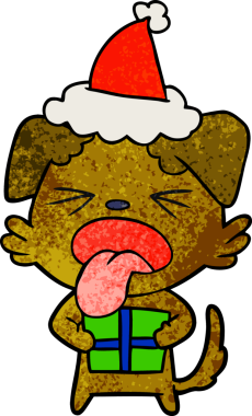 Bir insan tarafından çizilmiş Noel Baba şapkası giymiş bir köpeğin el çizimi karikatürü.