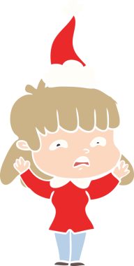 Bir insan tarafından çizilmiş Noel Baba şapkası takan endişeli bir kadının el çizimi düz renk çizimi.