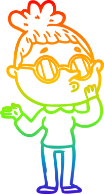 Bir insan tarafından çizilmiş güneş gözlüğü takan çizgi film kadını çizimi.