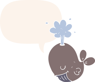 Bir insan tarafından çizilmiş, balina şeklinde konuşma baloncuğu püskürten bir çizgi film.