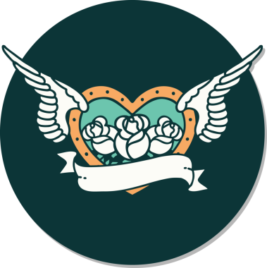 Geleneksel bir dövme stili. Uçan kalp. Çiçekler ve bir insan tarafından çizilmiş bayrak.