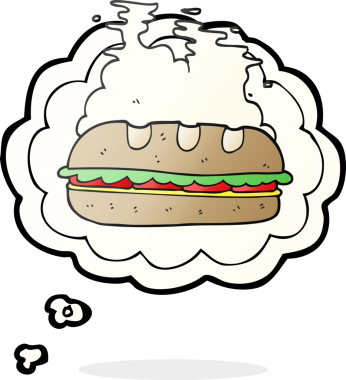 Serbest çizim düşünce balonu karikatürü. Bir insan tarafından çizilmiş kocaman sandviç.