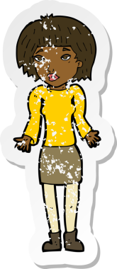 Bir insan tarafından çizilmiş omuzlarını silken karikatürlü bir kadının gerilmiş çıkartması.