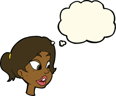 Bir insan tarafından çizilmiş düşünce baloncuğu olan çizgi film dostu kadın.