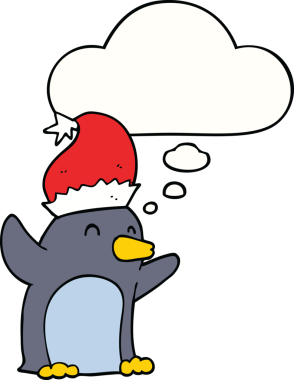 Bir insan tarafından çizilmiş düşünce baloncuğu olan sevimli bir çizgi roman pengueni.