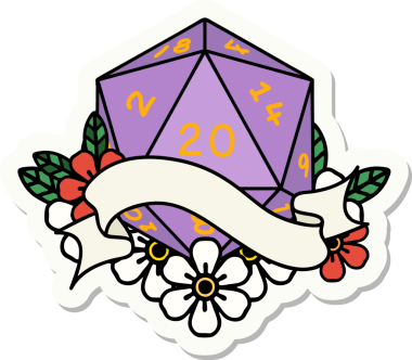 Bir insan tarafından çizilmiş 20 D20 zarının çıkartması.