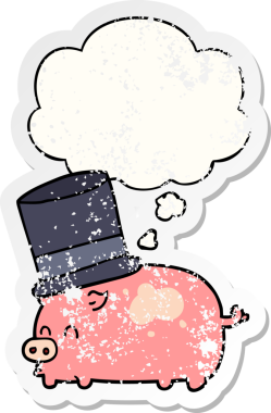 Düşünce baloncuklu silindir şapkalı çizgi film domuzu bir insan tarafından çizilmiş yıpranmış bir çıkartma.