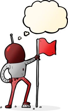 Bir insan tarafından çizilmiş düşünce baloncuğu olan bir astronot bayrağı dikiyor.