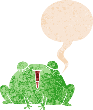 Bir insan tarafından çizilmiş, grunge 'da konuşma baloncuğu olan sevimli çizgi film kurbağası.