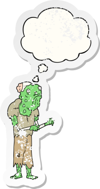 Düşünce baloncuğu olan karikatür zombisi insan tarafından çizilmiş yıpranmış bir çıkartma.