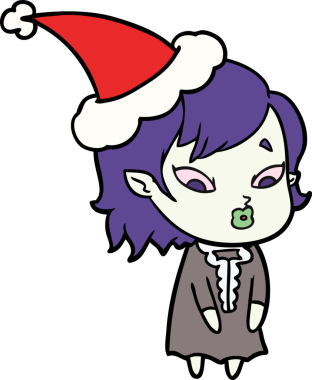 Bir insan tarafından çizilmiş Noel Baba şapkası takan vampir bir kızın çizimi.