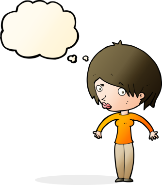 Bir insan tarafından çizilmiş düşünce baloncuğuyla omuz silken çizgi film kadını.