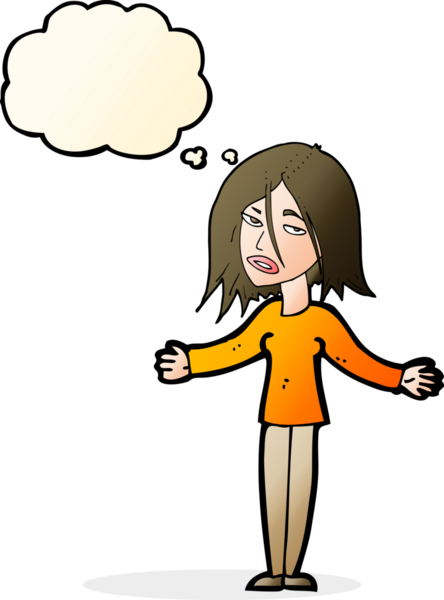 Bir insan tarafından çizilmiş düşünce baloncuğuyla omuz silken çizgi film kadını.