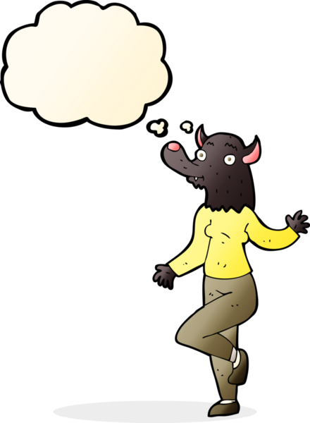 Bir insan tarafından çizilmiş düşünce balonlu kurtadam kadın.