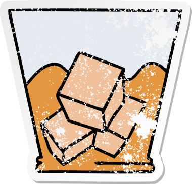 Bir insan tarafından çizilmiş garip bir el çizilmiş viski ve buzun sıkıntılı çıkartması.