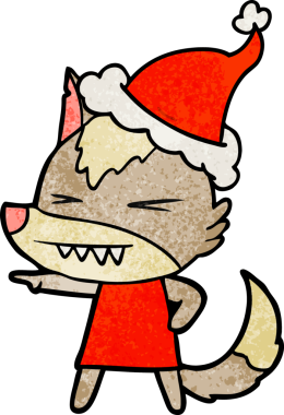 Kızgın kurt eli, bir insan tarafından çizilmiş Noel Baba şapkası giymiş bir karikatür çizmiş.