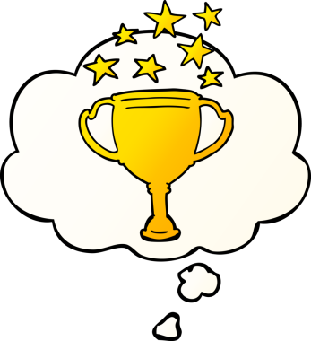 Düşünce baloncuklu çizgi film spor kupası, bir insan tarafından çizilmiş.