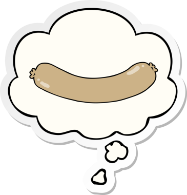 İnsan tarafından çizilmiş bir çıkartma olarak düşünce baloncuklu çizgi film sosisi.