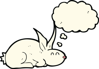 Bir insan tarafından çizilmiş düşünce kabarcığı olan çizgi film tavşanı.