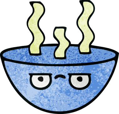 Bir insan tarafından çizilmiş sıcak çorba kasesinin retro grunge desenli karikatürü.