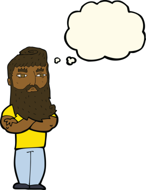 Bir insan tarafından çizilmiş sakallı, ciddi bir çizgi film karakteri.