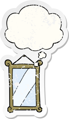 Düşünce baloncuğu olan çizgi film aynası bir insan tarafından çizilmiş yıpranmış bir çıkartma gibi.