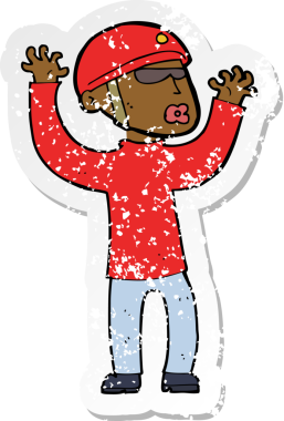 Bir insan tarafından çizilen paniğe kapılan bir çizgi film güvenlikçisinin retro sıkıntılı çıkartması.