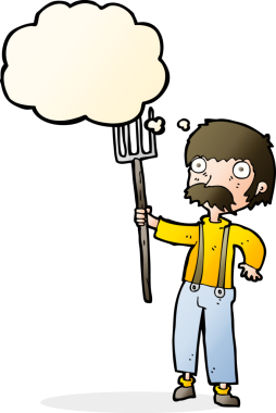 Bir insan tarafından çizilmiş düşünce baloncuklu dirgenli çizgi film çiftçisi.