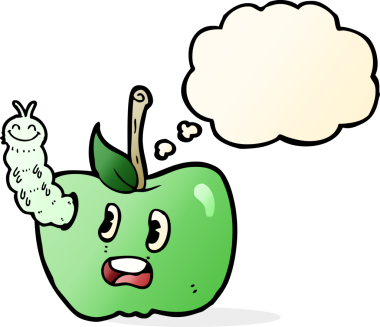 Bir insan tarafından çizilmiş düşünce baloncuklu bir elma.