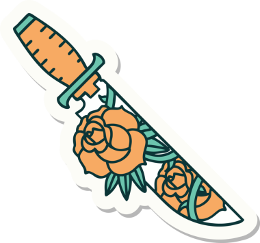 Geleneksel bir hançer stili dövme çıkartması ve bir insan tarafından çizilmiş çiçekler.