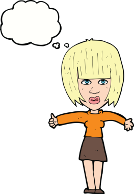 Bir insan tarafından çizilmiş düşünce baloncuğuyla rahatsız bir kadın.