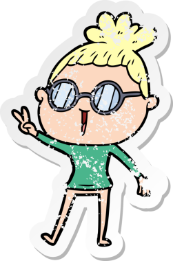 Bir insan tarafından çizilmiş gözlük takan karikatürlü bir kadının sıkıntılı çıkartması.