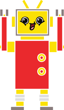 Bir insan tarafından çizilmiş mutlu bir robotun düz renkli retro karikatürü