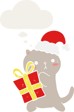 Bir insan tarafından çizilmiş düşünce baloncuğuyla Noel hediyesi taşıyan sevimli çizgi film kedisi.