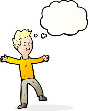 Bir insan tarafından çizilmiş düşünce baloncuğu ile ürkmüş bir çocuk.