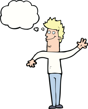 Bir insan tarafından çizilmiş düşünce balonlu mutlu sallanan adam.