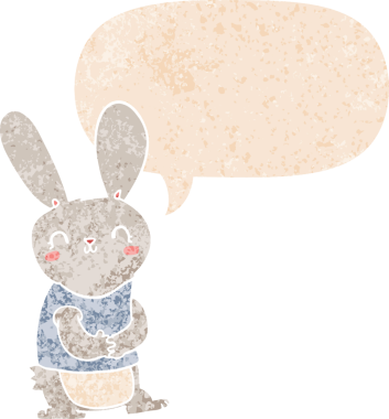 Konuşması kabarcıklı şirin çizgi film tavşanı bir insan tarafından çizilmiş dertli retro tarzı.