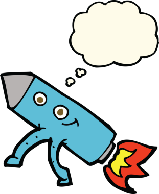 Bir insan tarafından çizilmiş düşünce baloncuklu mutlu roket.