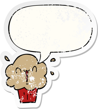 Konuşma balonlu çizgi film keki bir insan tarafından çizilmiş sıkıntılı eski bir çıkartma