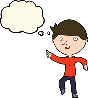 Bir insan tarafından çizilmiş düşünce kabarcığıyla mutlu bir çizgi film.