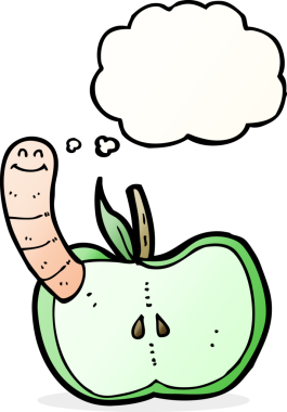 Bir insan tarafından çizilmiş düşünce baloncuğu solucanlı çizgi film elması