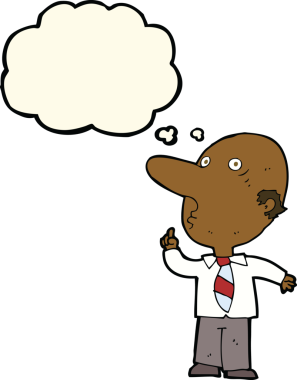 Bir insan tarafından çizilmiş düşünce baloncuğuyla soru soran kel bir adam.