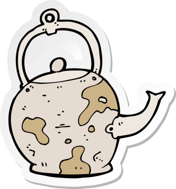 Bir insan tarafından çizilmiş eski bir çay demliğinin çıkartması.