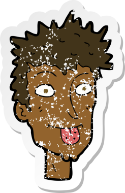 Bir insan tarafından çizilmiş dili dışarı çıkartılan bir karikatürcünün retro sıkıntılı çıkartması.